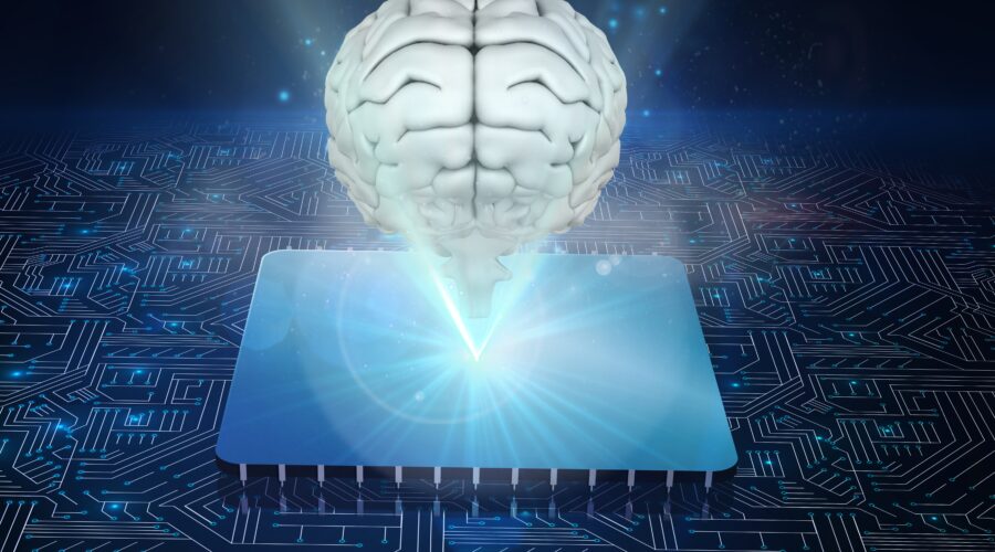 Composite image of brain with AI electronic systems background